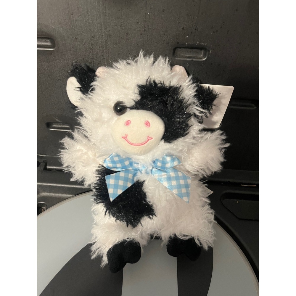 Walmart Shaggy Cow Plush Black White Spotted Stuffed Animal Blue Gingham Bow 8"